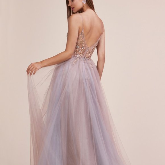 SMOKEY BLUE COLOR PROM PARTY Deep V-Neck Leg Slit Evening Dress ALA0672 - Picture 6 of 8